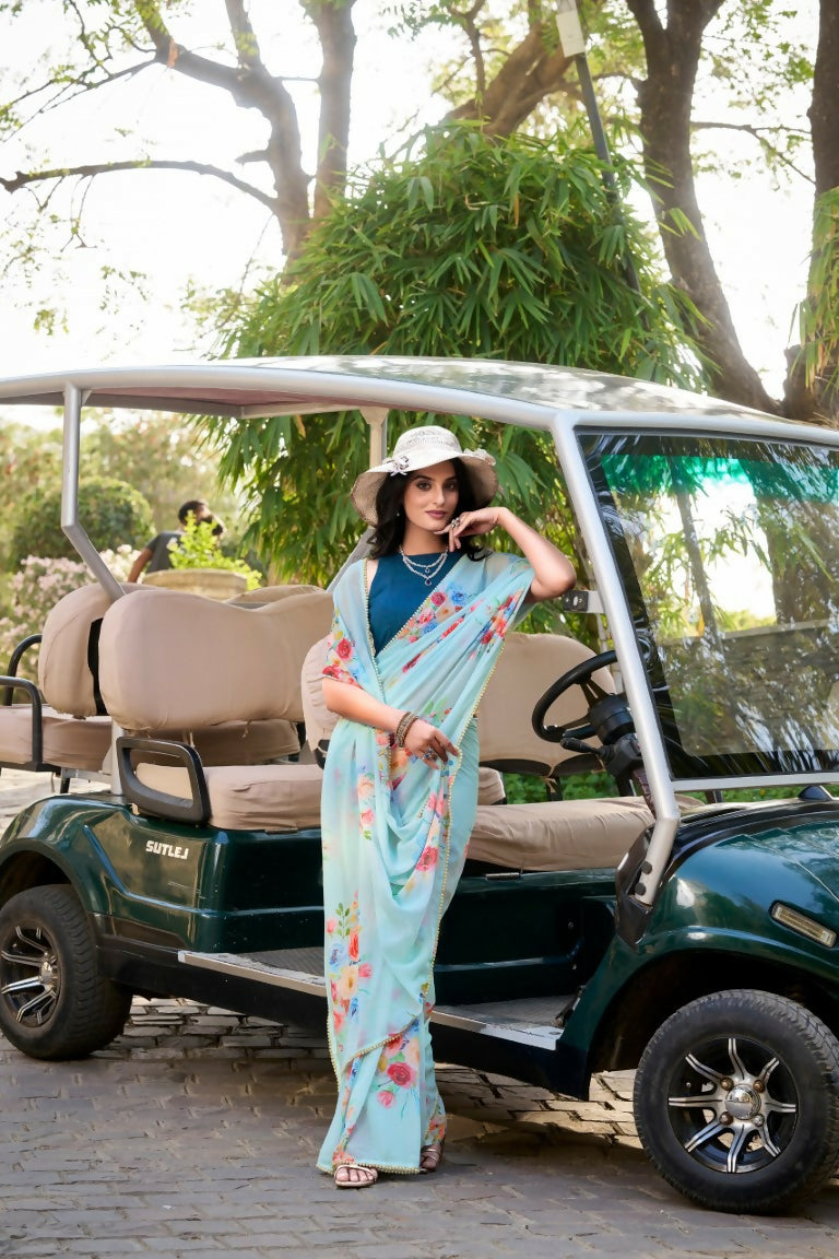 Vastranavya Sea Blue Weightless Marble Printed & Pearl Lace Border Saree with Unstitched Blouse | Grocsy
