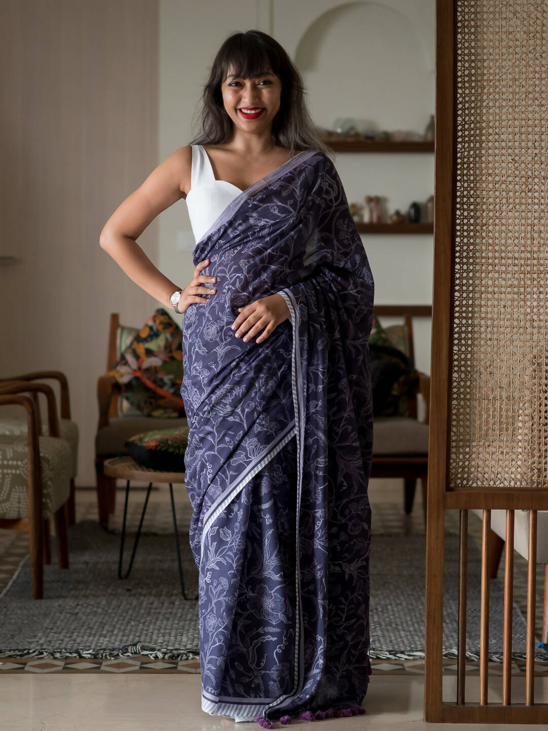 Suta Purple Floral Pure Cotton Saree | Grocsy