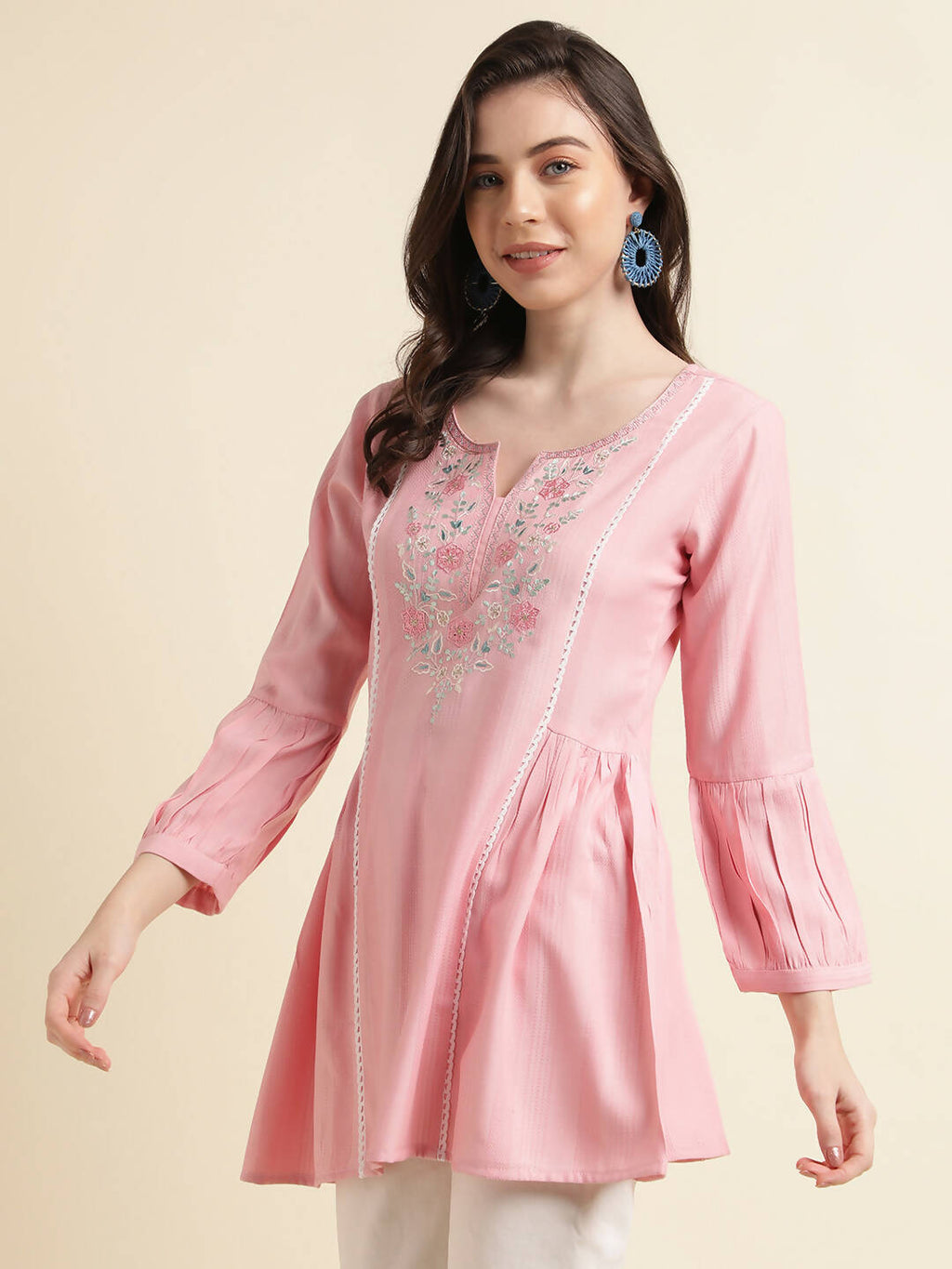 Pink Viscose Rayon Yoke Embroidered A-line Top - Tarini | Grocsy