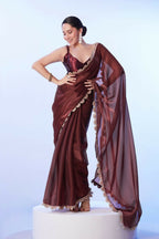 Coffee Brown Satin Solid Designer & Lace Work Saree - Samaa | Grocsy