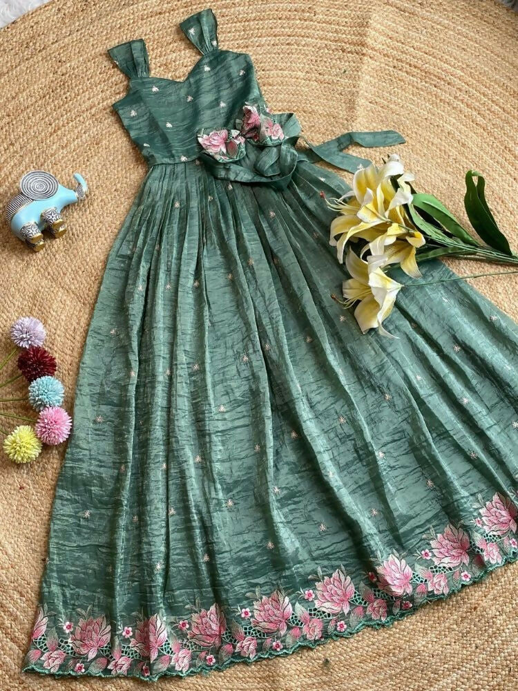 Teeya Creation New Kids Girls Premium Lavender Crinkled Silk Ethnic Gown with Floral Border and Waist Bow Accent | Grocsy