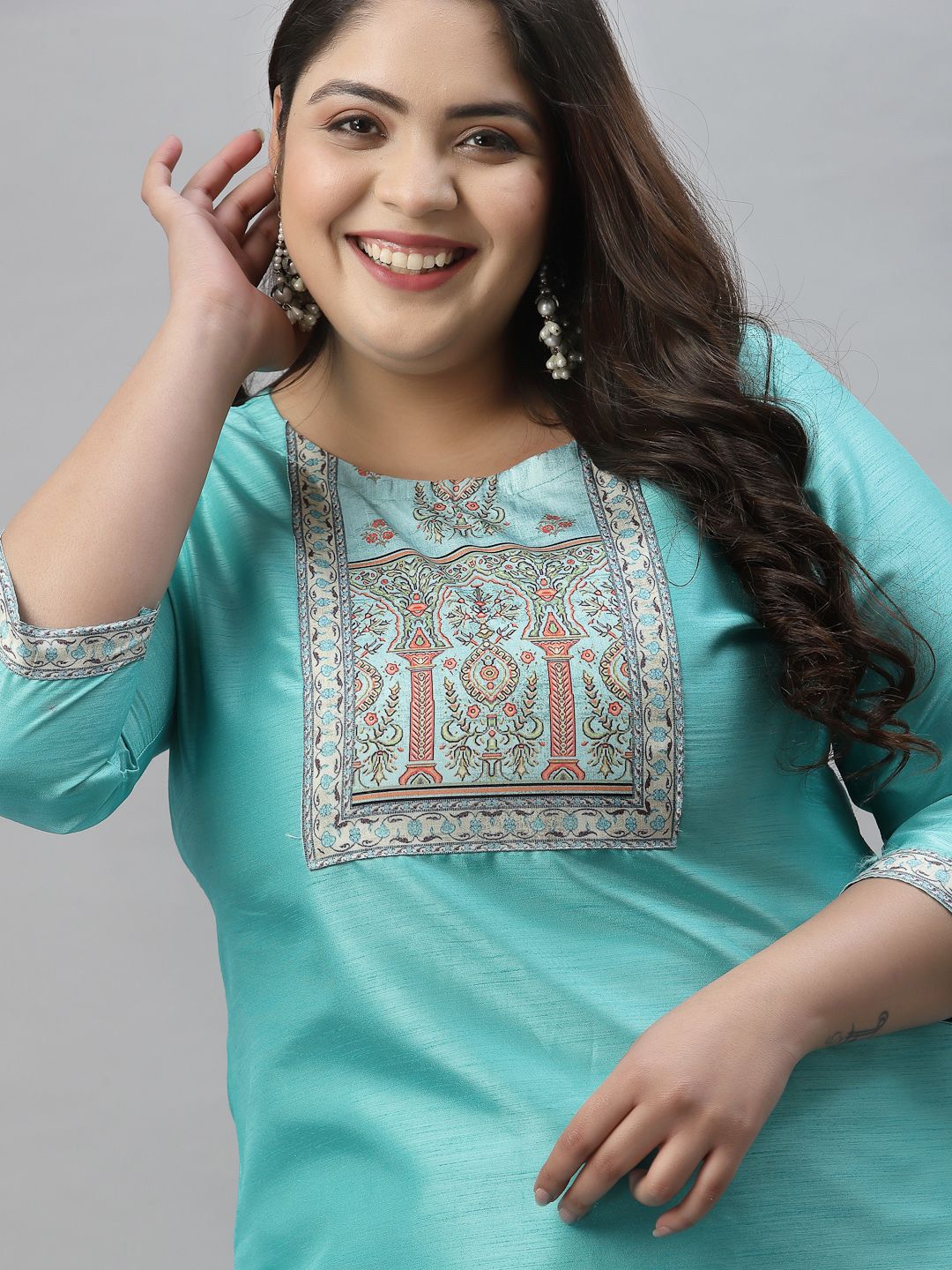 Sztori Plus Size Ethnic Motifs Yoke Design Straight Kurta With Palazzos | Grocsy