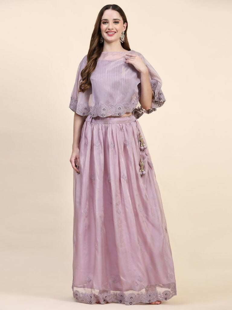 Purple Silk Embroidered Poncho Pattern Top & Lehenga with Dupatta - Tanya | Grocsy