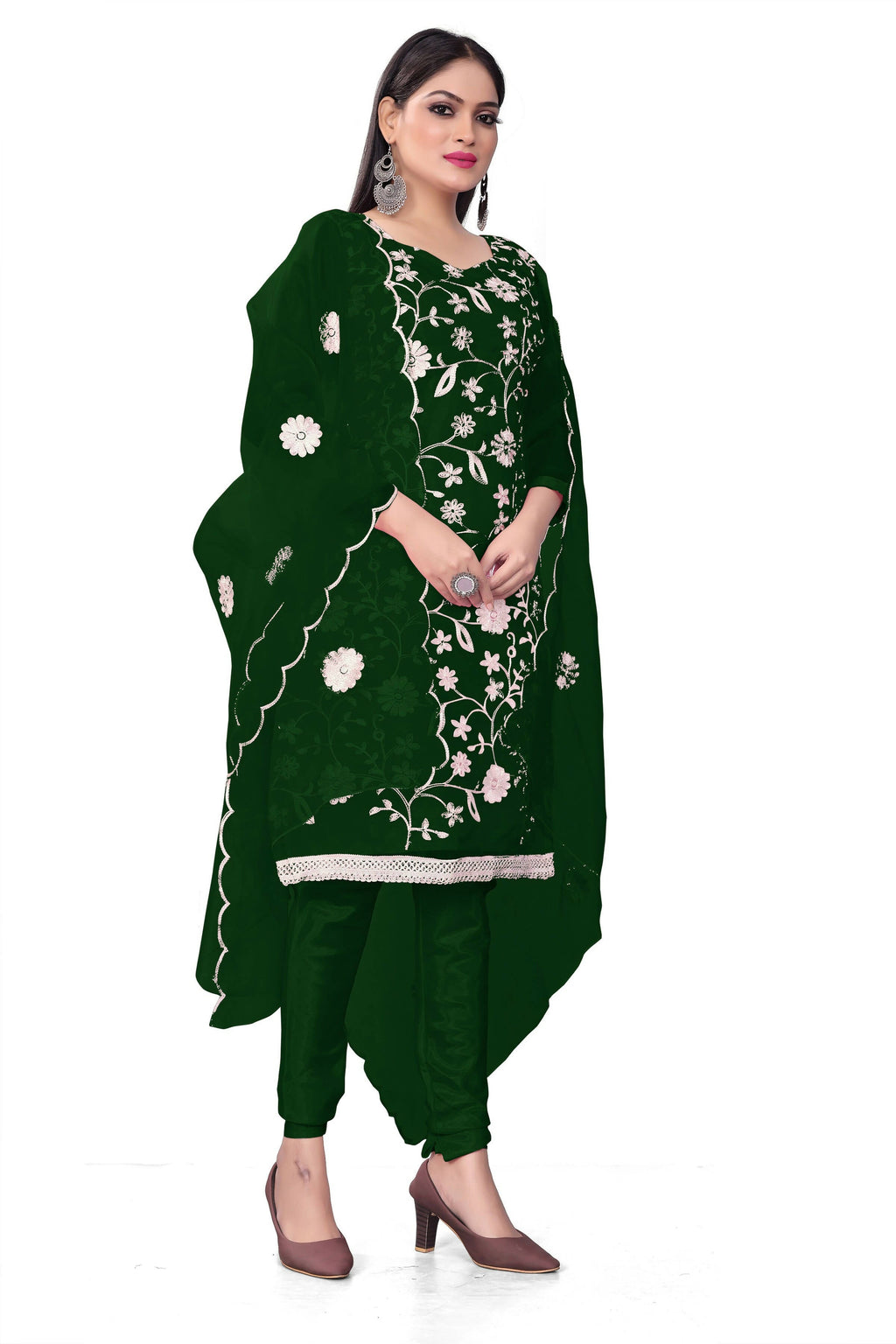 Green Organza Silk Embroidered Work Unstitched Dress Material - Tanvi | Grocsy