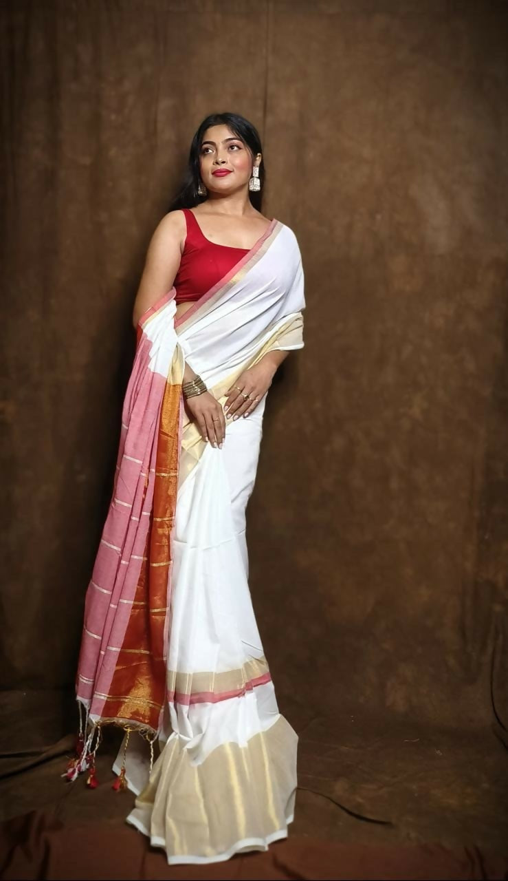 Exclusive Collection White Red Pure Cotton Handloom Gorgeous Saree | Grocsy