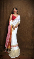 Exclusive Collection White Red Pure Cotton Handloom Gorgeous Saree | Grocsy