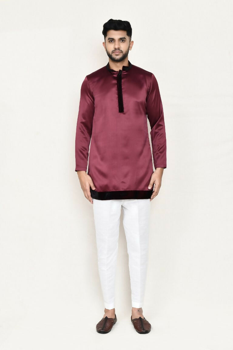 Joban Fashion Maroon Colored Satin Silk Fabric Open Prince Coat, Kurta With Straight Fit Pant | Grocsy