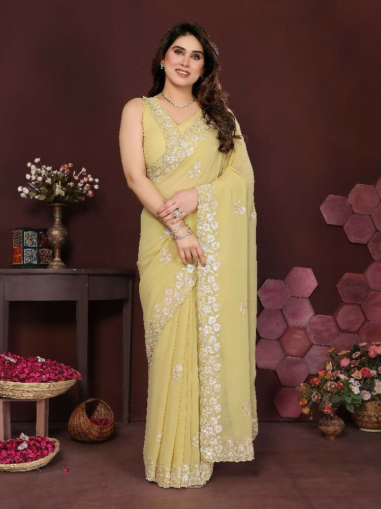 PR Fashion Yellow Georgette Embroidery Work With Embroidery Work Blouse Saree | Grocsy