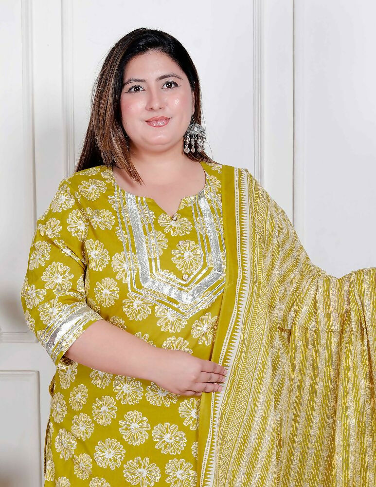 Miravan Plus Size Women'S Lime Yellow Embroidered Straight Kurta With Palazzo And Dupatta | Grocsy