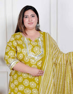 Miravan Plus Size Women'S Lime Yellow Embroidered Straight Kurta With Palazzo And Dupatta | Grocsy