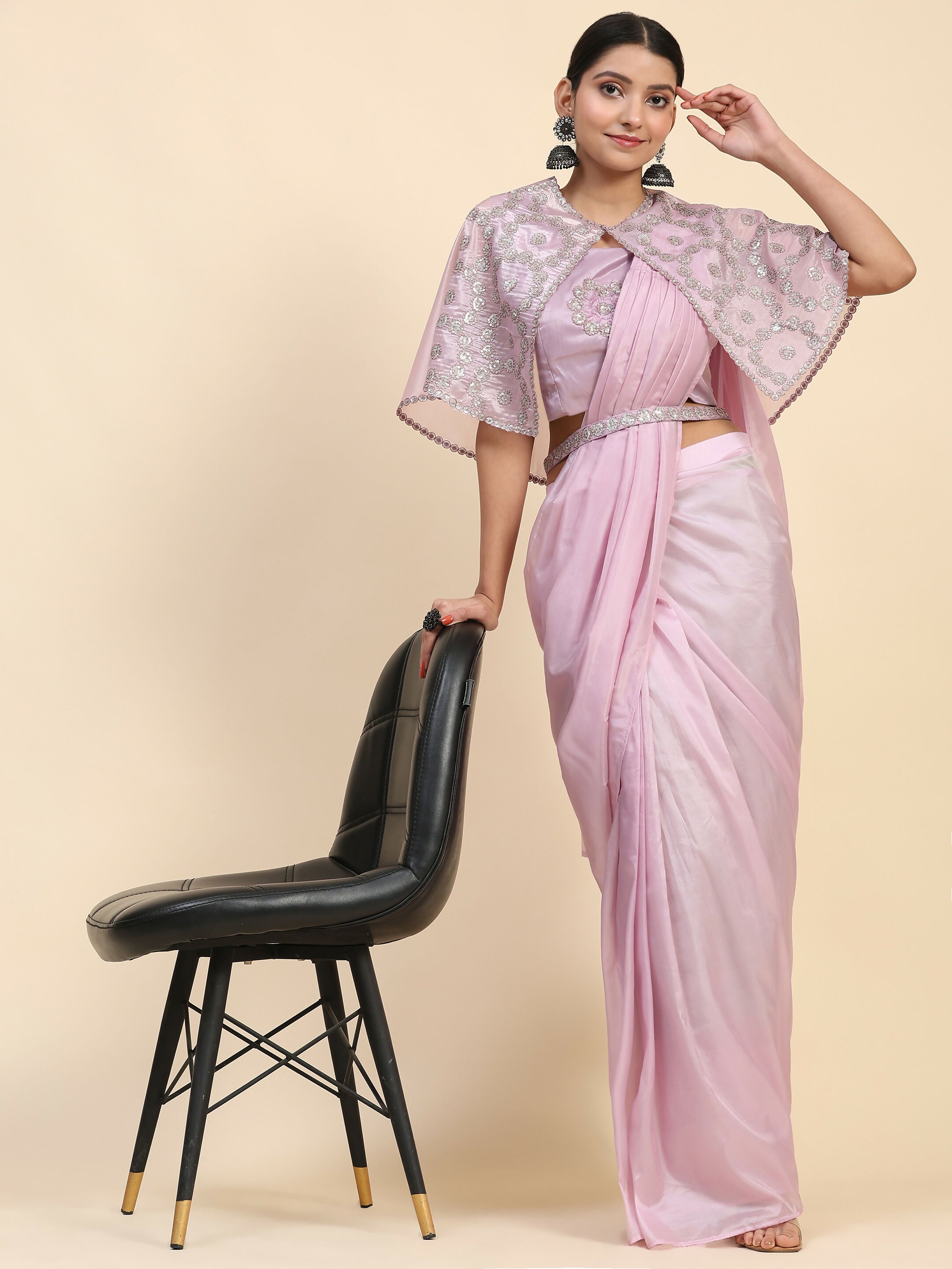 Light Lavendar Satin Solid Ready to wear Saree with stitched Blouse - Vanita | Grocsy