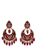 Gold-Polished Brass & Pearl Dangle Women Red Hand Painted Meenakari Chandbali Earrings By House of Ree - House of Ree