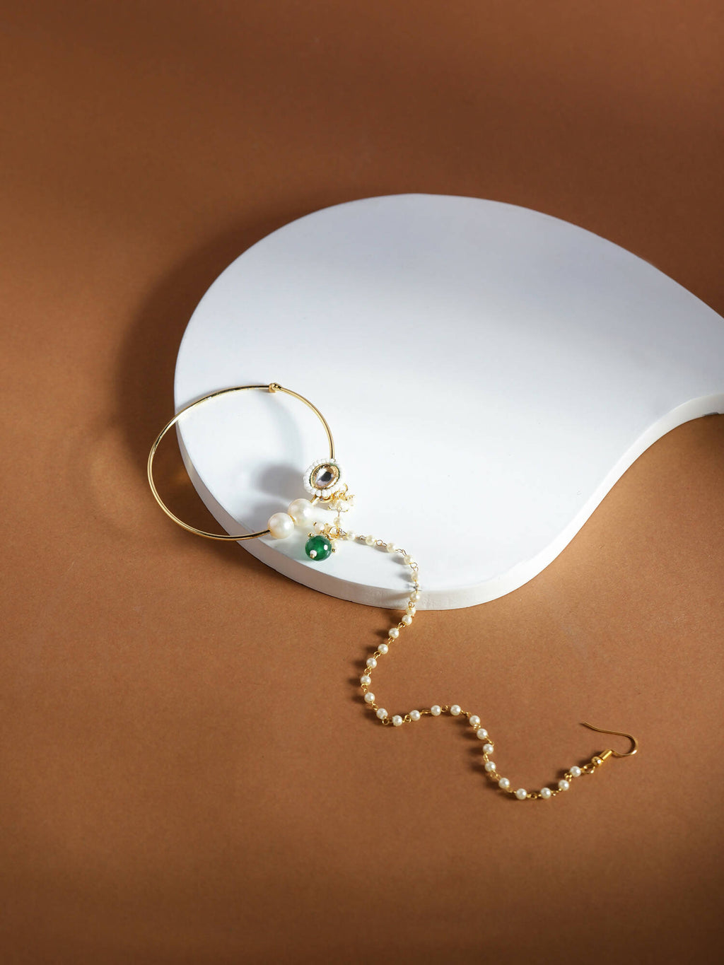 Gold-Polished White Green Kundan-Studded Pearl Beaded Nosepin - Ruby Raang | Grocsy