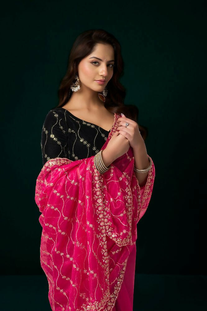 Joban Fashion Rani Pink Net Party Wear Sarees | Grocsy