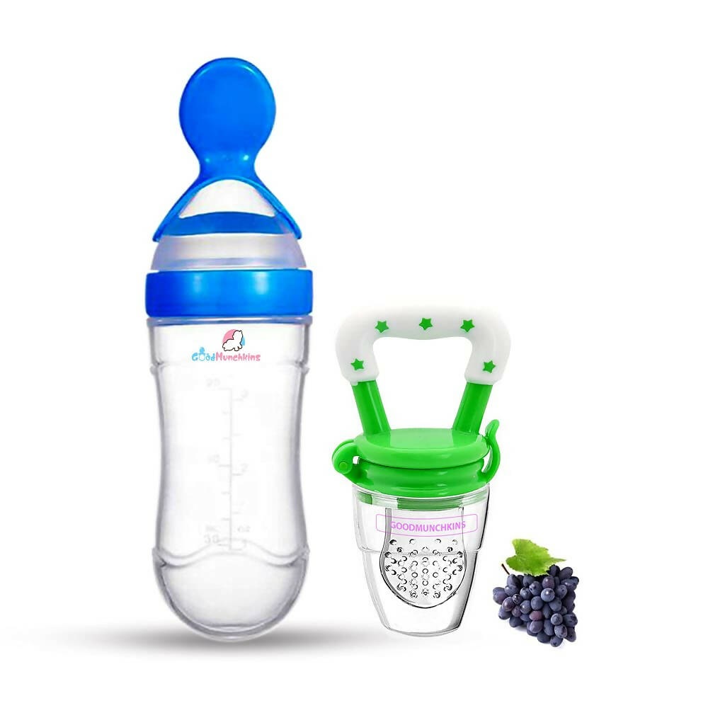 Goodmunchkins Silicone Spoon Food Feeder & Fruit Feeder for Toddlers Food Grade Silicone Bottle 90ml-Blue | Grocsy