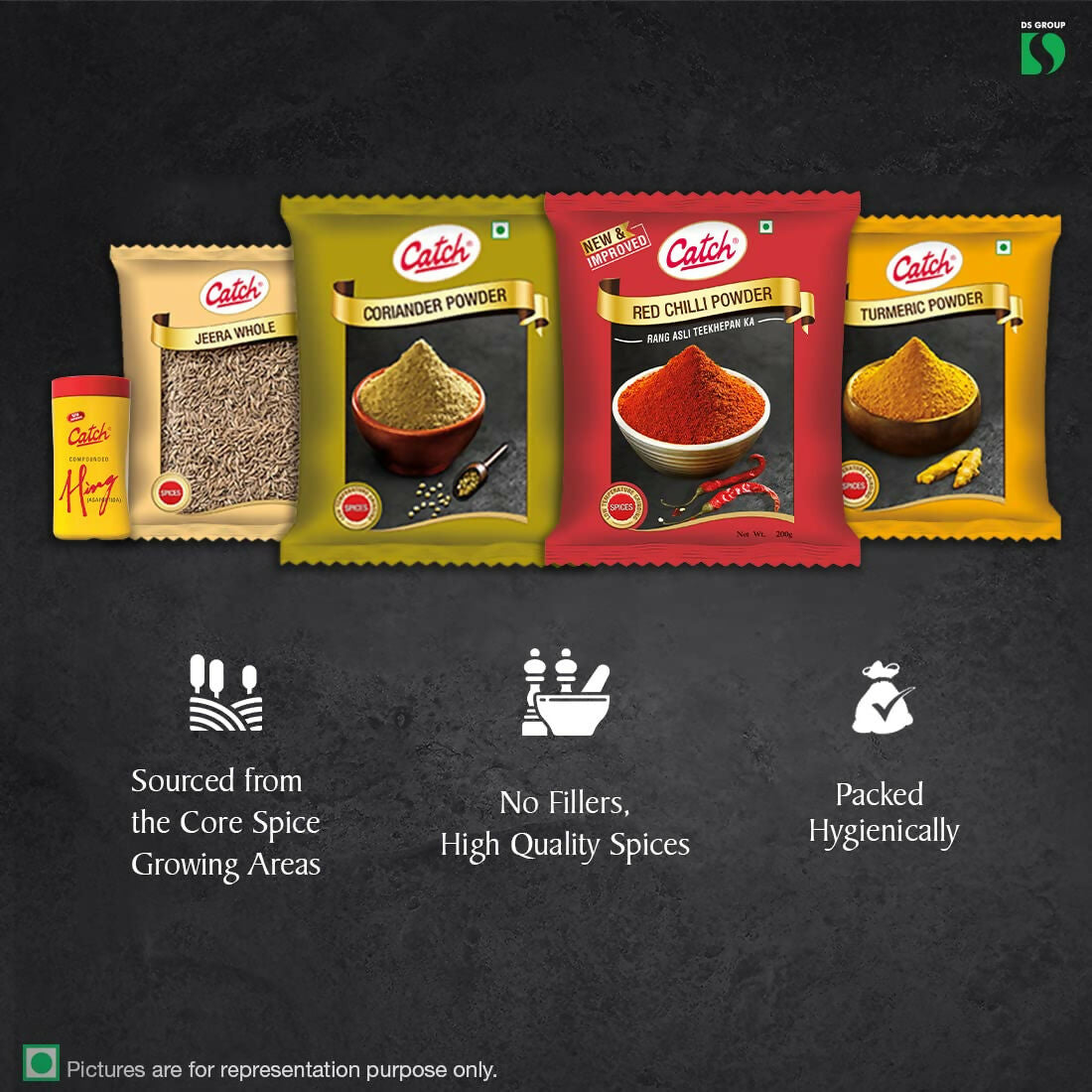 Catch Masala & Spices Combo Five Pack - Coriander Powder 200 gms + Turmeric Powder 200 gms + Red Chilli Powder 200 gms + Cumin Whole 200 gms + Hing 50 gms | Grocsy