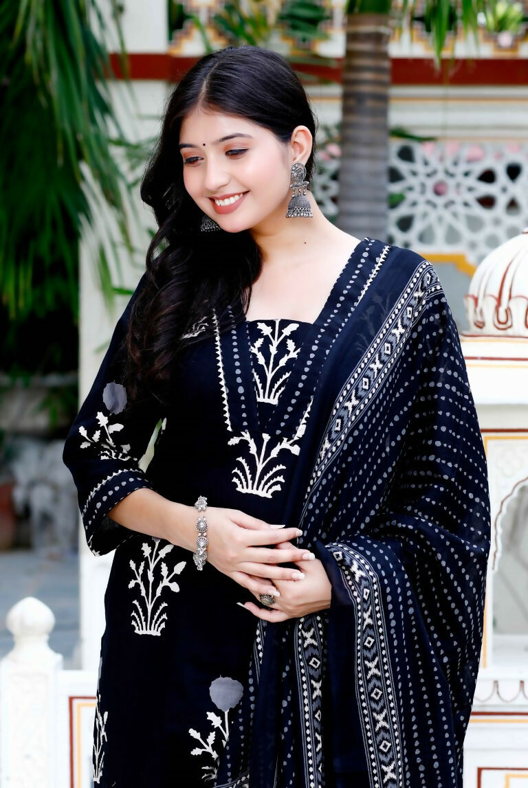 Miravan Women's Cotton Gota Patti Black Floral Printed Straight Kurta Palazzo With Dupatta Set | Grocsy