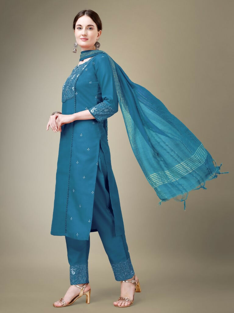 Jyoti Fashion Women's Morpich Cotton Blend Embroidery & Fancy Lace work Kurta with Trouser & Dupatta | Grocsy