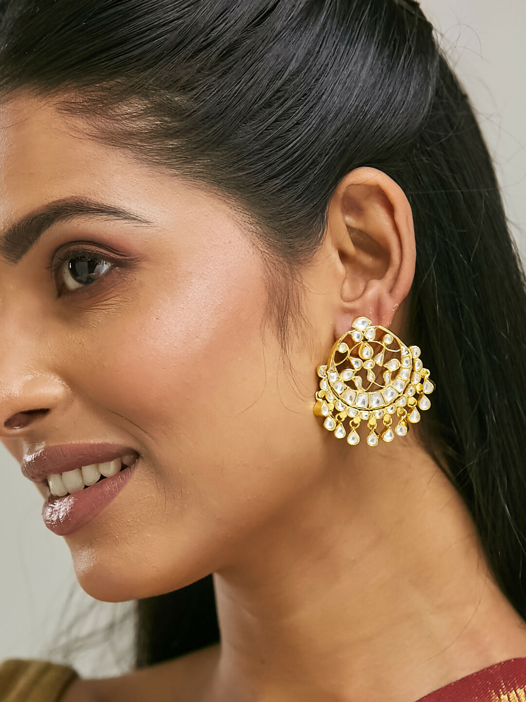 Nuyug 22K Gold-Plated Kundan Stone Studded & Pearl Beaded Moon Chandbalis | Grocsy