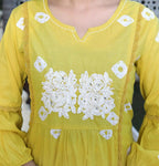 Miravan Women's Cotton Embroidered & Lace Embellished Yellow Bandhani Printed Kurta Palazzo Set | Grocsy