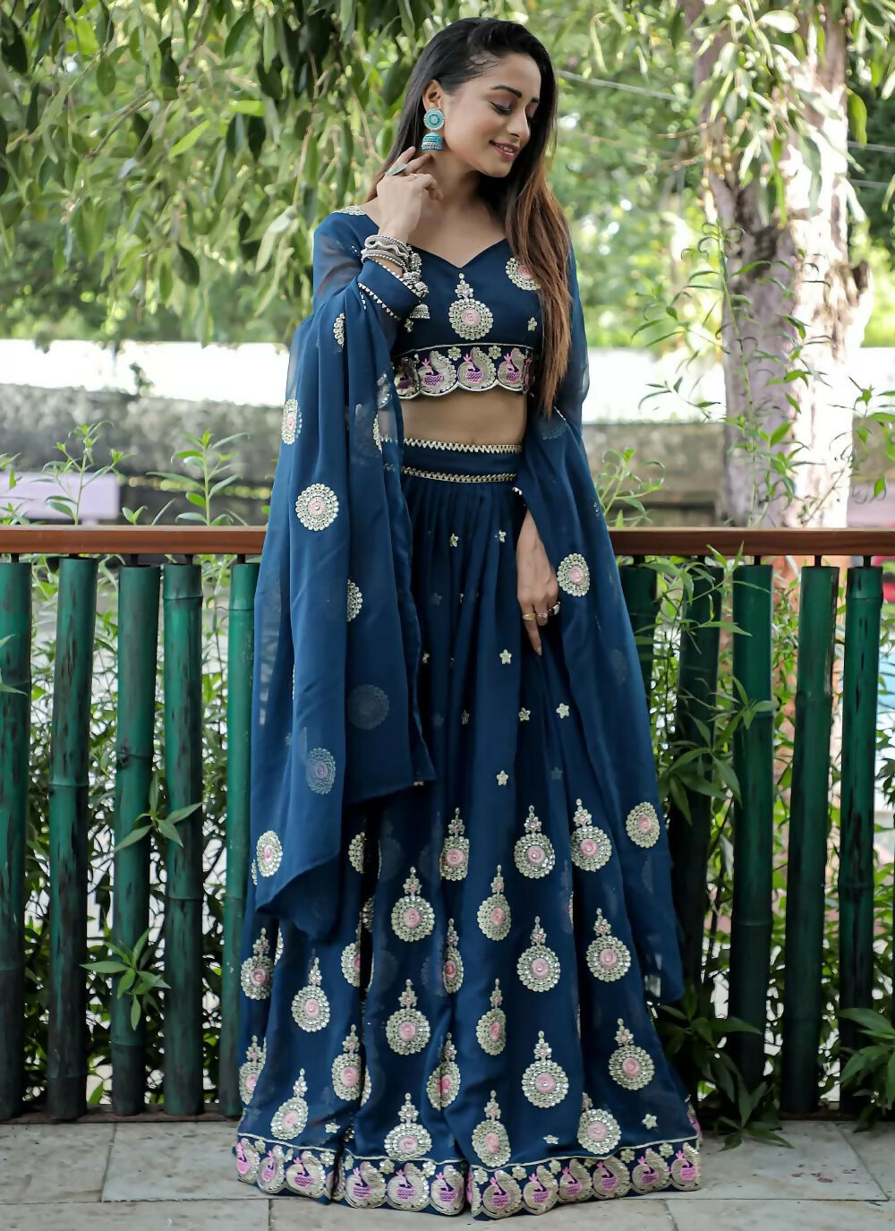 Jyoti Fashion Blue Sequence with Thread Zari Embroidery Georgette Lehenga Choli with Dupatta | Grocsy