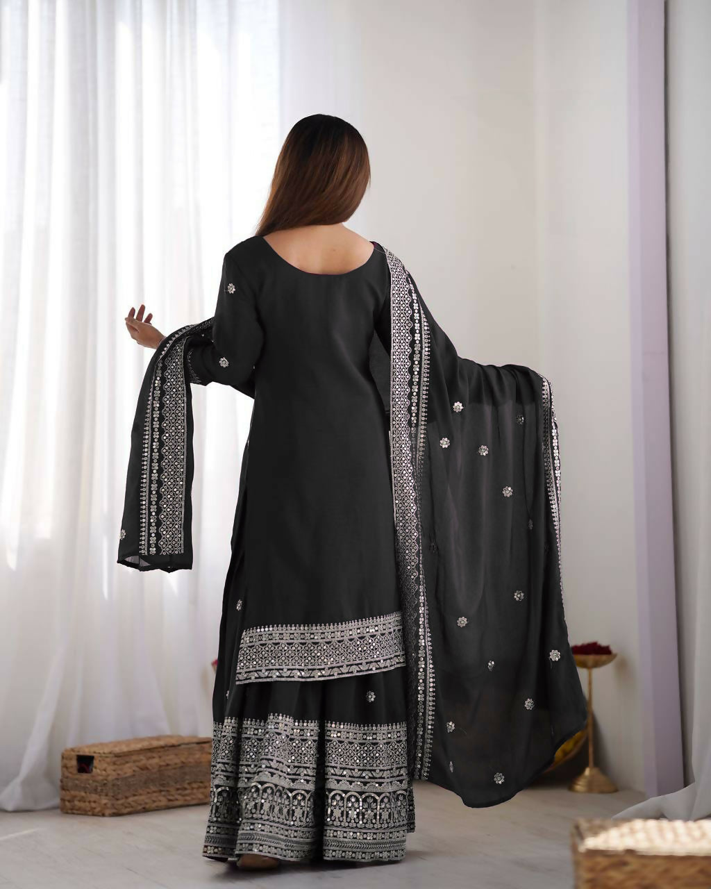 Joban Fashion Black Kurta Set Silk Sequins , Zari, Coding & Thread Embroidered work | Grocsy