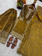 Teeya Creation Womens New Trendy Embroidery Coding And Sequence Work Gold Kurta Set | Grocsy