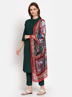 Myshka Women's Green Solid Cotton 3/4 Sleeve Mandarin Neck Casual Kurta Pant Dupatta Set | Grocsy