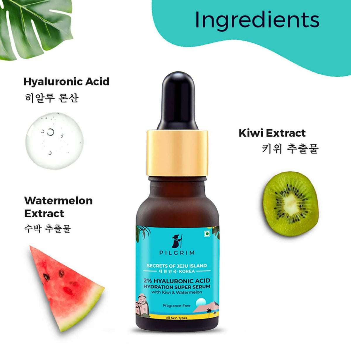 Pilgrim 2% Hyaluronic Acid Hydration Super Serum With Kiwi & Watermelon Extracts For Hydrated Skin - Korean Skin Care | Grocsy
