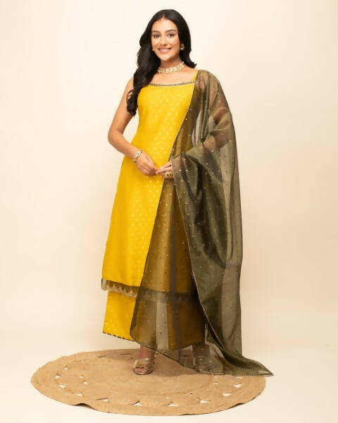 FIORRA Women's Yellow Silk Blend Straight Kurta Palazzo Set With Dupatta | Grocsy