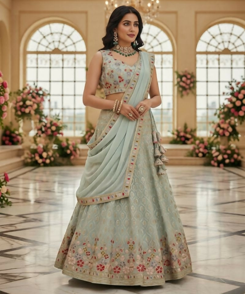 Lehenga Mart Pista Faux Georgette Designer Bollywood Style Wedding Wear Lehenga Choli | Grocsy