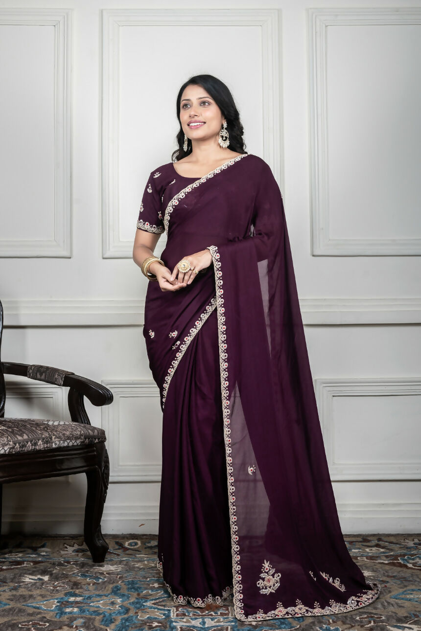 Morchari Wine Chiffon Hand Embroidery Saree And Stitched Blouse | Grocsy