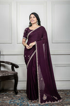 Morchari Wine Chiffon Hand Embroidery Saree And Stitched Blouse | Grocsy