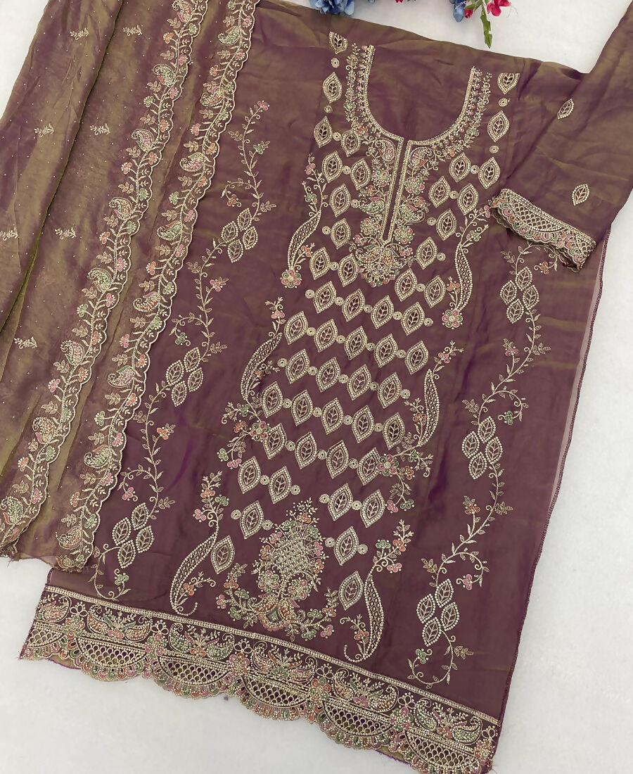 KC Heavy Embroidery Worked Two Ton Moss Silk Purple Suit For Women | Grocsy