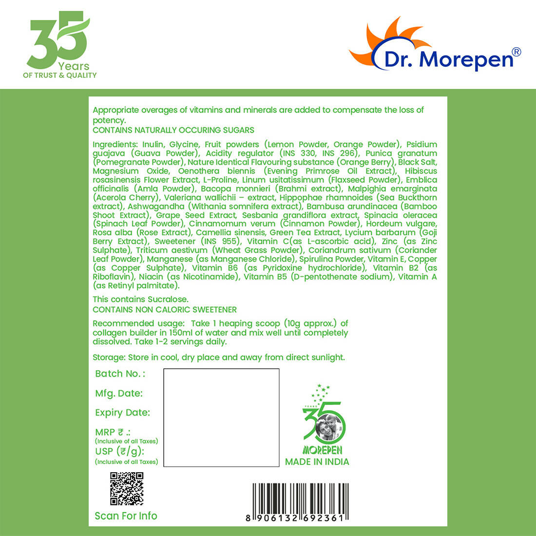 Dr. Morepen Natural Collagen Builder - Orange Berry Flavour | Grocsy