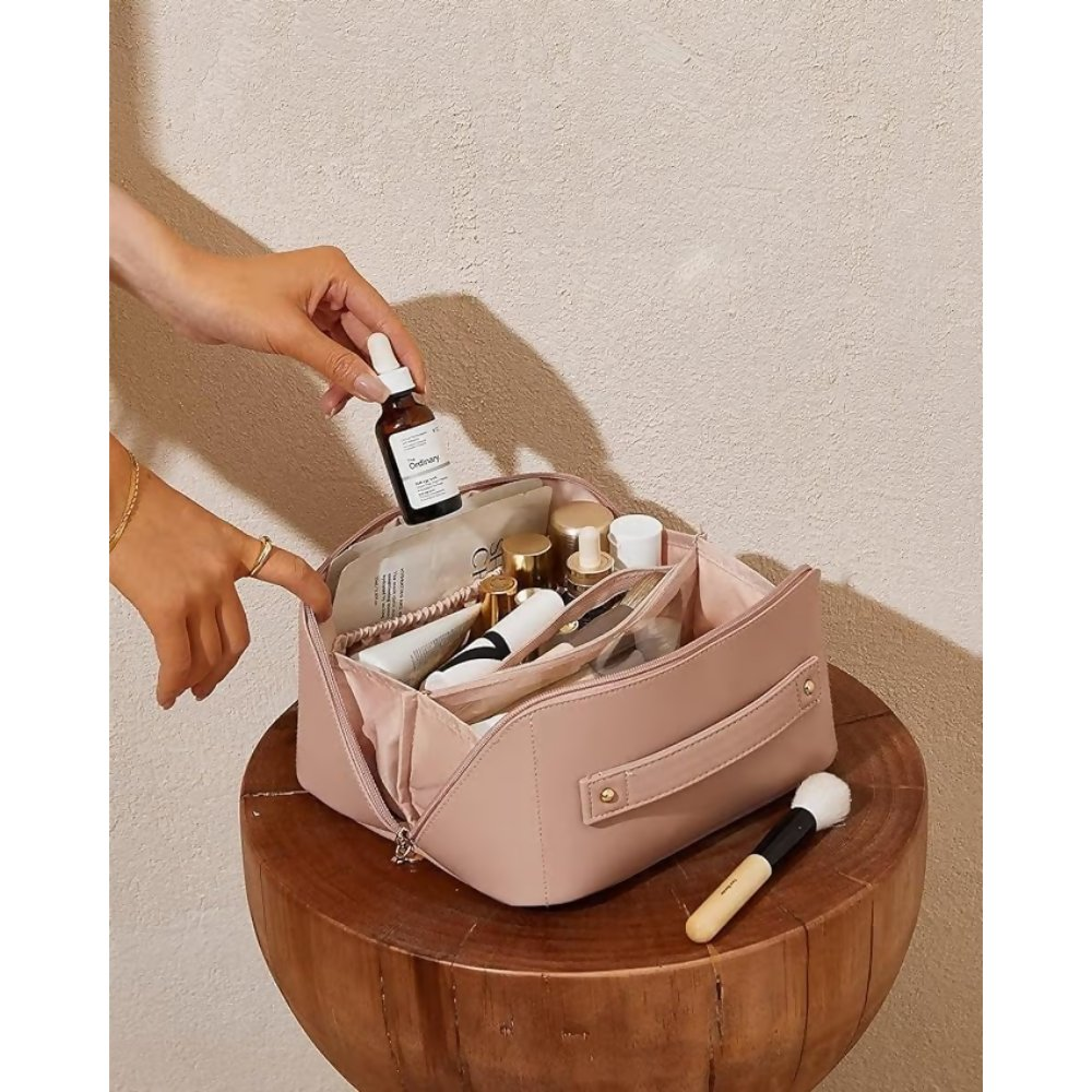 Bronson Professional Travel Makeup Bag Cosmetic Storage Faux Leather Vanity Pouch - Pink | Grocsy