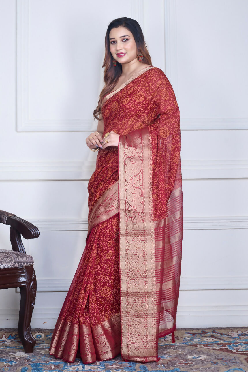 Morchari Maroon Script Printed Orzanga Saree Unstitched Blouse | Grocsy