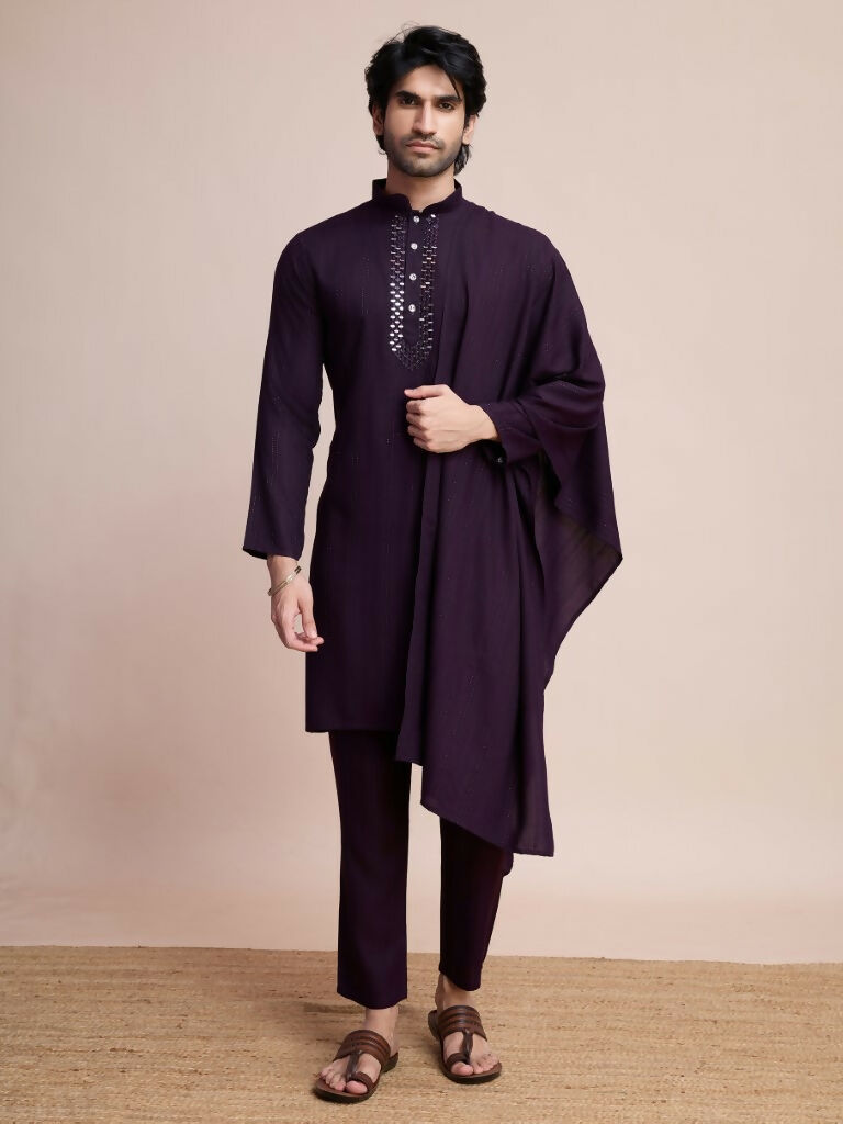 Vastranavya Traditional Festival Wear Viscose Thread & Sequence Embroidered Work Kurta Pant Set - Purple | Grocsy