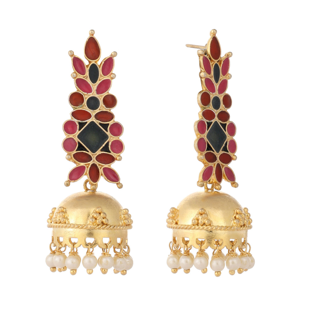 Nuyug 22K Gold-Plated Enamel & Beaded Dome Shaped Jhumka Earrings | Grocsy
