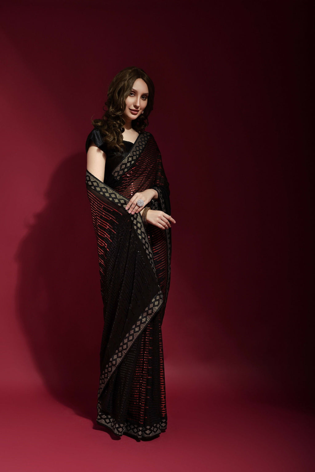 Vegaa Fashion Black Georgette Embroidered Party Wear Saree | Grocsy