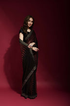 Vegaa Fashion Black Georgette Embroidered Party Wear Saree | Grocsy
