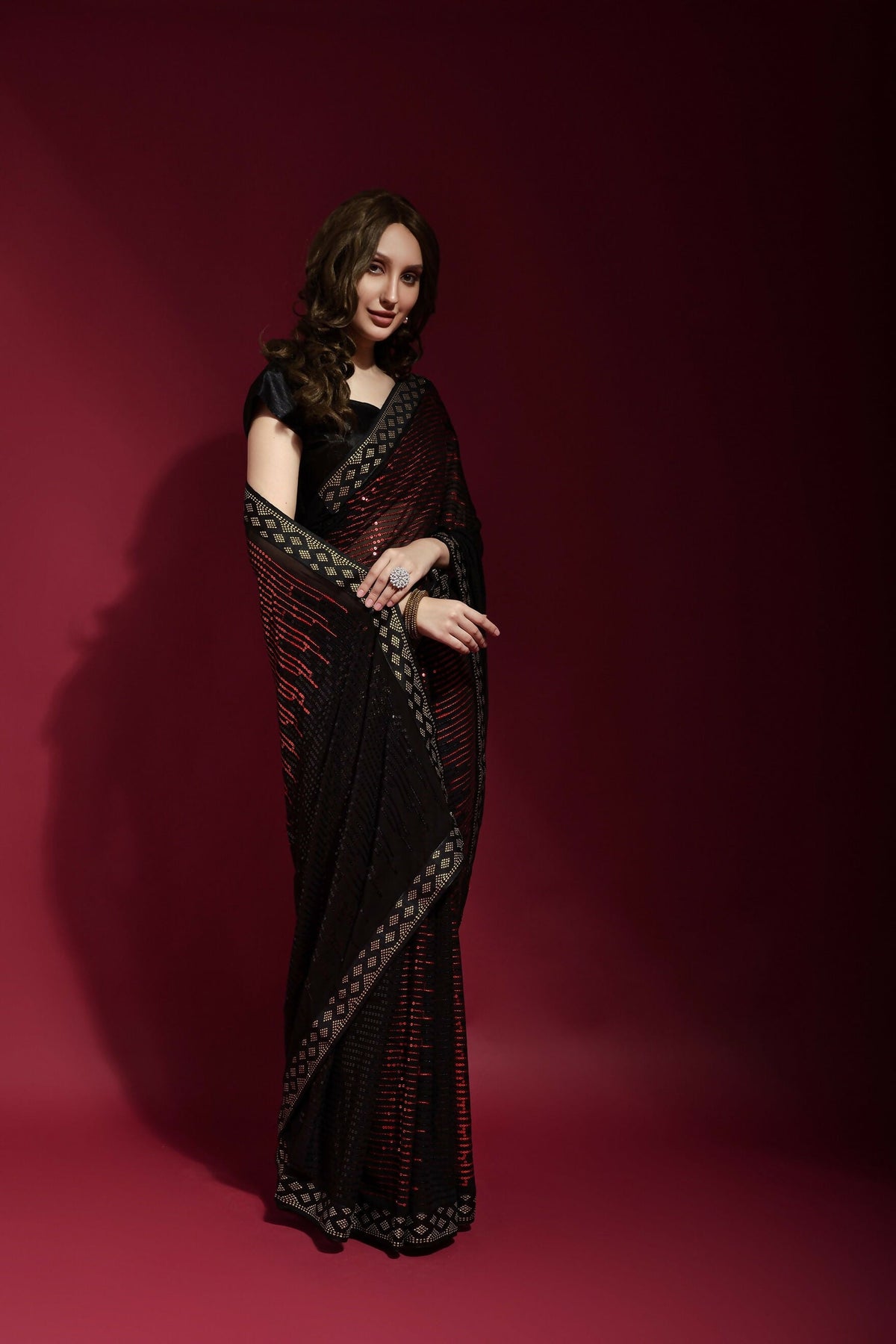 Vegaa Fashion Black Georgette Embroidered Party Wear Saree | Grocsy