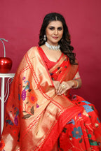 Jyoti Fashion Women's Red Paithani Silk Zari Woven Saree with Blouse | Grocsy