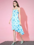 Myshka Women's Blue Floral Printed Fit and Flare Dress | Grocsy