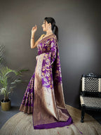 Joban Fashion Purple Floral & Ethnic Motifs Design Soft Silk Meenakari Banarasi Saree | Grocsy