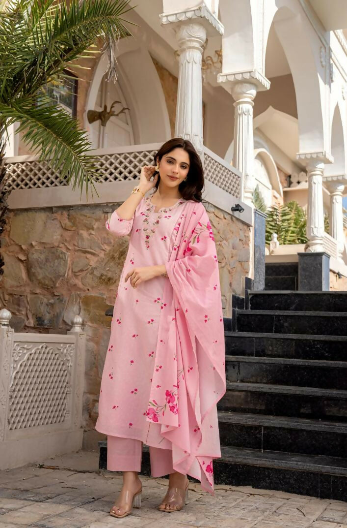 The52 Pink Women's Beautiful Chanderi Fabric Printed Work Straight Kurta Pant and Dupatta Set | Grocsy