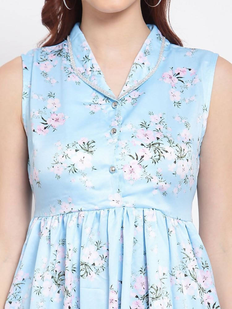 Myshka Women's Sky Blue Printed Cotton Blend Sleeveless Coller Casual Dress | Grocsy
