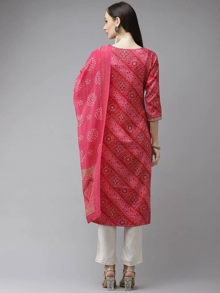 Yufta Women Pink Bandhani Printed Panelled Gotta Patti Kurta with Palazzo & With Dupatta | Grocsy