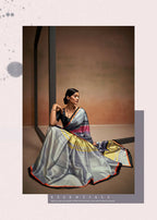 Grey Satin Digital Printed Saree with Unstitched Blouse Piece - Jodha | Grocsy