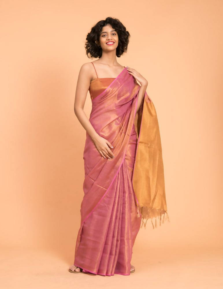 Suta Pink Golden Solid Woven Design Zari Saree | Grocsy